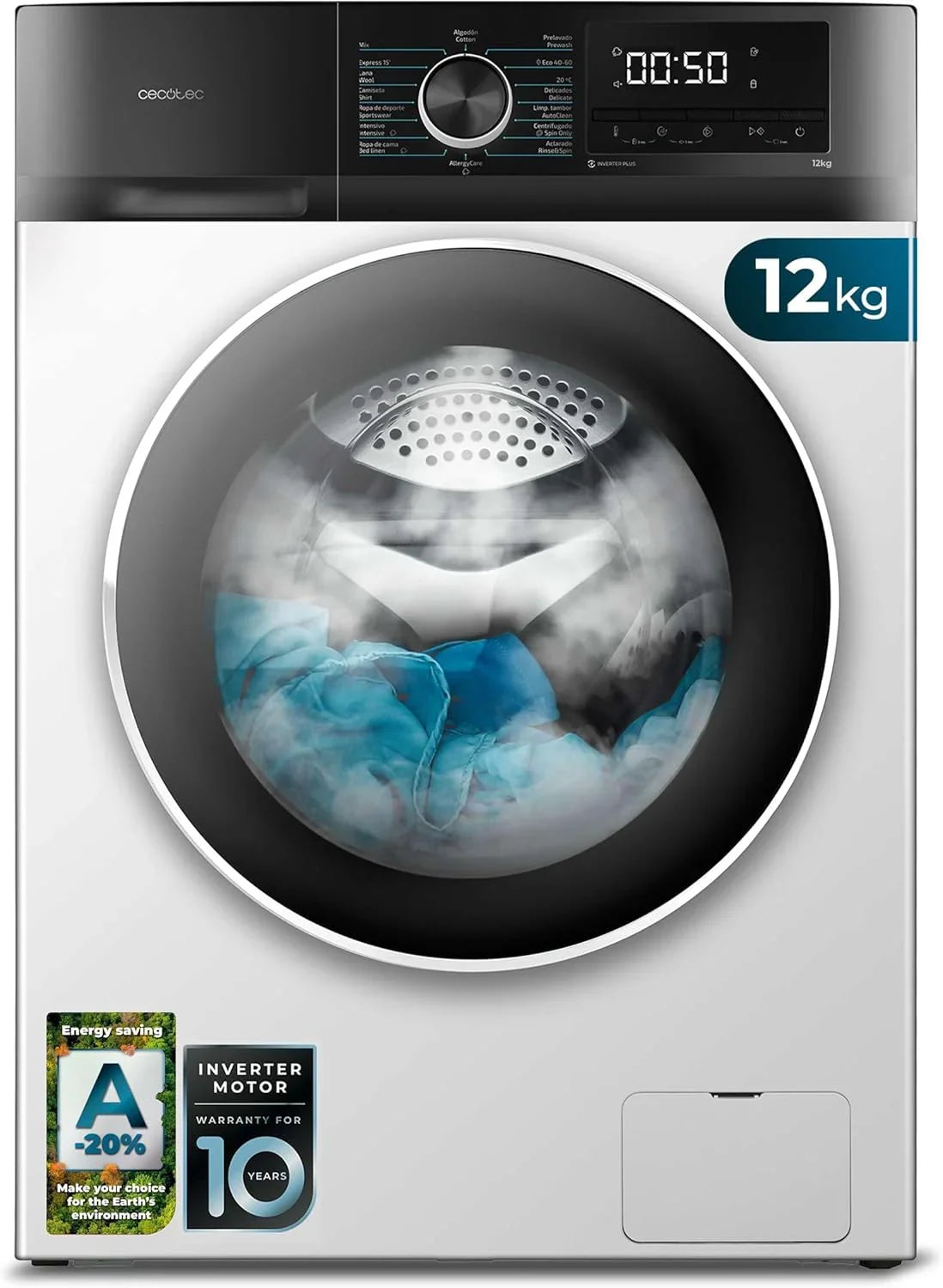 Cecotec Washing Machine 9 kg Front Load Bolero Dresscode 9500 Inverter Steel A. 1900W, 1400 rpm, Inverter Plus Motor, Low Consumption, 16 Programs, SteamMax, Delay Start, Steel