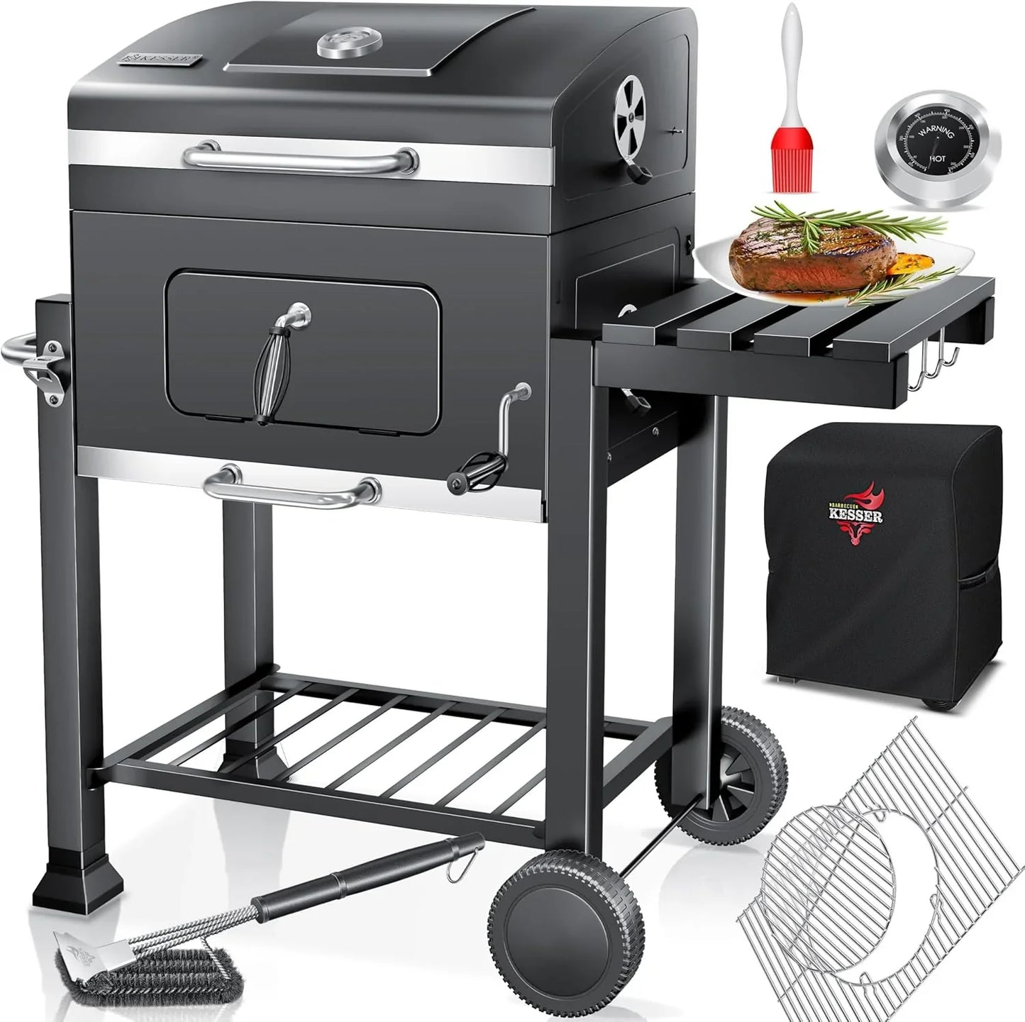 KESSER® Charcoal Grill with Grill Cart with Lid, Wheels, Stainless Steel Handle | Barbecue and Thermometer Charcoal Large BBQ Grill Camping Terrace Garden XXL Black