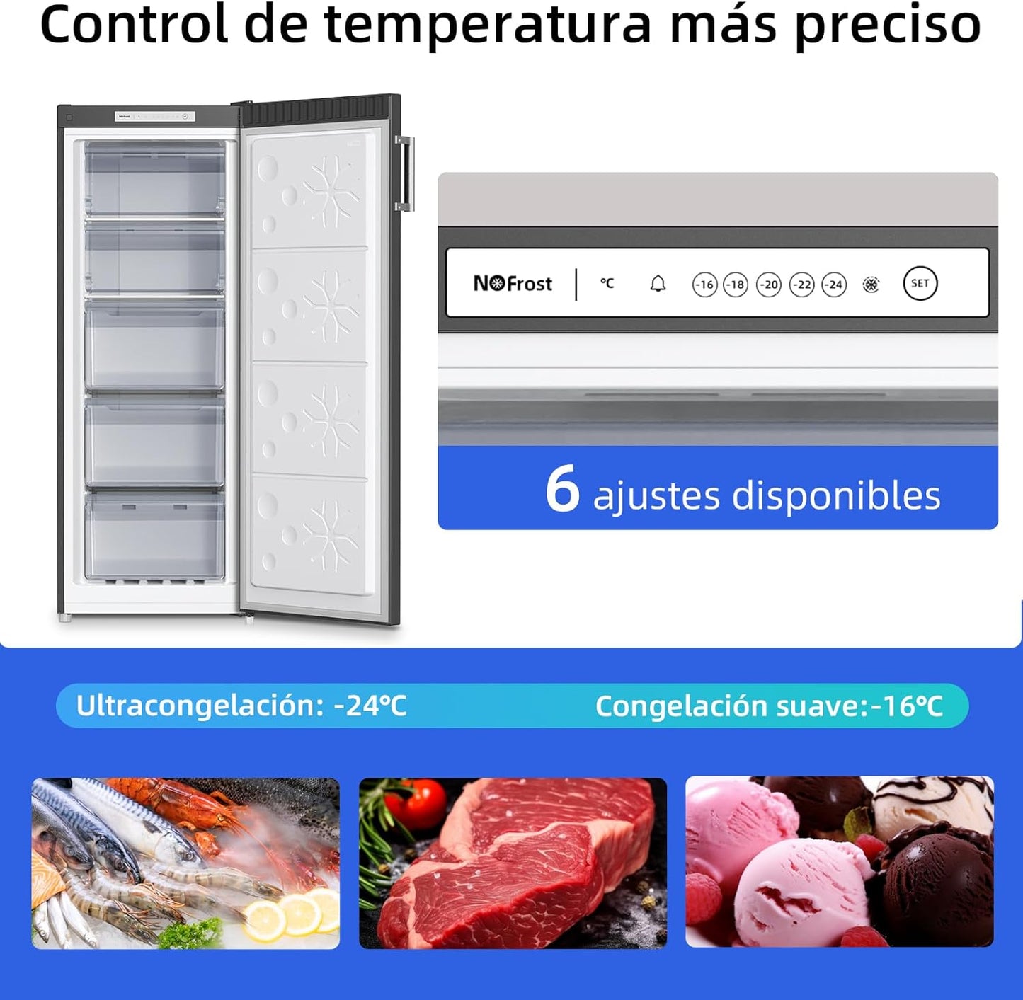 CHiQ Congelador Vertical No frost 166L,FSD166NE4E, Cajones XL, Control de Temperatura Electrónico, Puertas Reversibles, Silencioso, Ice Box, Color Inox Negro, Clase Energética E