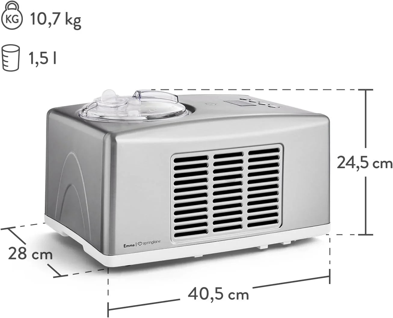 SPRINGLANE Homemade Ice Cream Maker EMMA, Ice Cream Maker, Fridge with Compressor 1.5L, Removable Container and LCD Display + Recipe Book