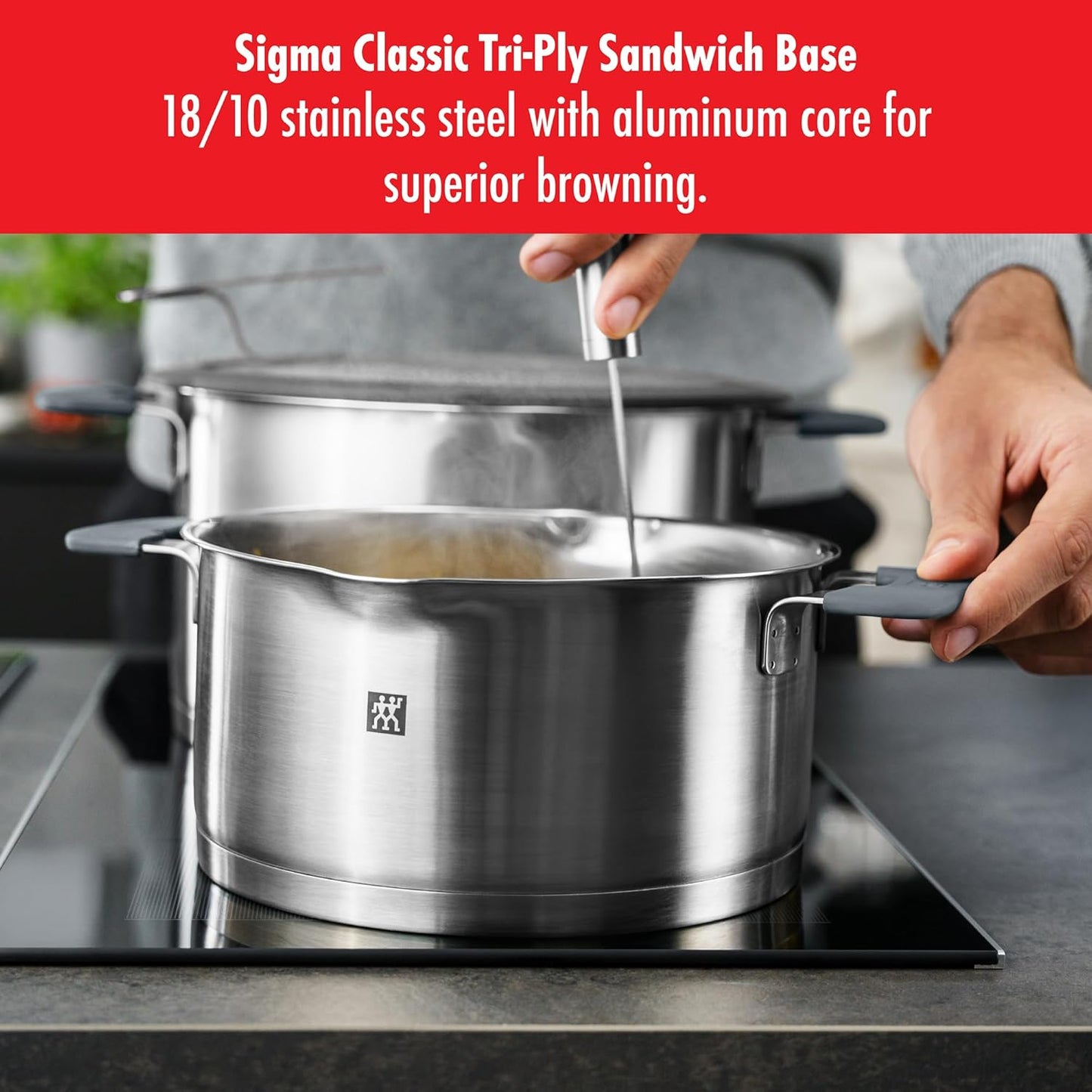 ZWILLING Uproszczony zestaw garnków ze stali nierdzewnej, 5 sztuk, ze zintegrowanym sitem w pokrywie, nadaje się do indukcji, srebrno-czarny