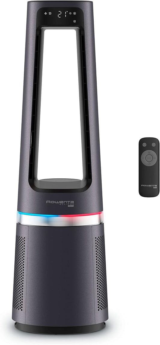 Rowenta Eclipse 3 en 1, Ventilador, purificador y calefactor de 2100 W, filtra hasta el 99,95 % partículas, silencioso, oscilación, luz decorativa, encendido programable, plata, QU5062
