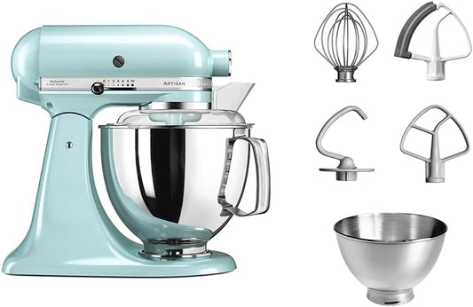 KitchenAid Batidora amasadora - Artisan - Robot de Cocina con Cabezal Inclinable - Amasadora con 5 Accesorios - Batidora de repostería con 2 boles de Acero Inoxidable - 4,8 L y 3 L - Azul hielo