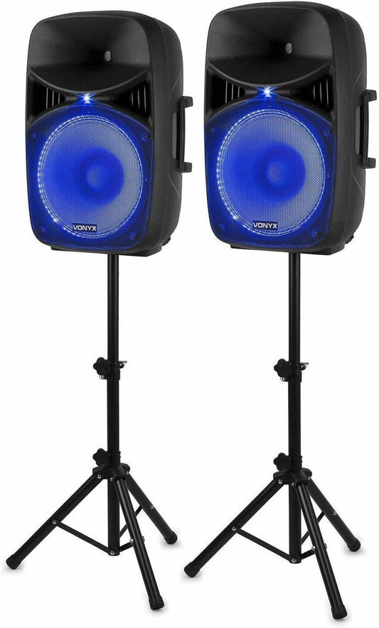 Vonyx VPS152A Powered Speakers Pack of 2 1000W Portable Active/Passive Bluetooth Speakers, 15 Inch, Wired Microphone, Remote Control, Tripods, MP3 Player with USB/SD, LEDs