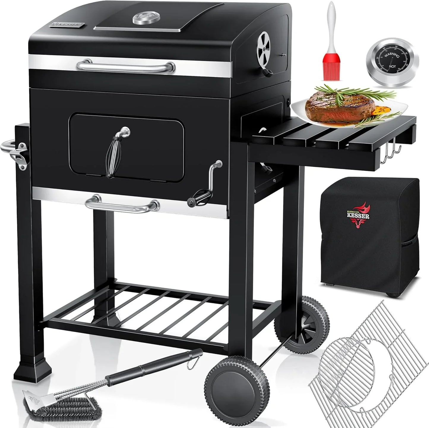 KESSER® Charcoal Grill with Grill Cart with Lid, Wheels, Stainless Steel Handle | Barbecue and Thermometer Charcoal Large BBQ Grill Camping Terrace Garden XXL Black
