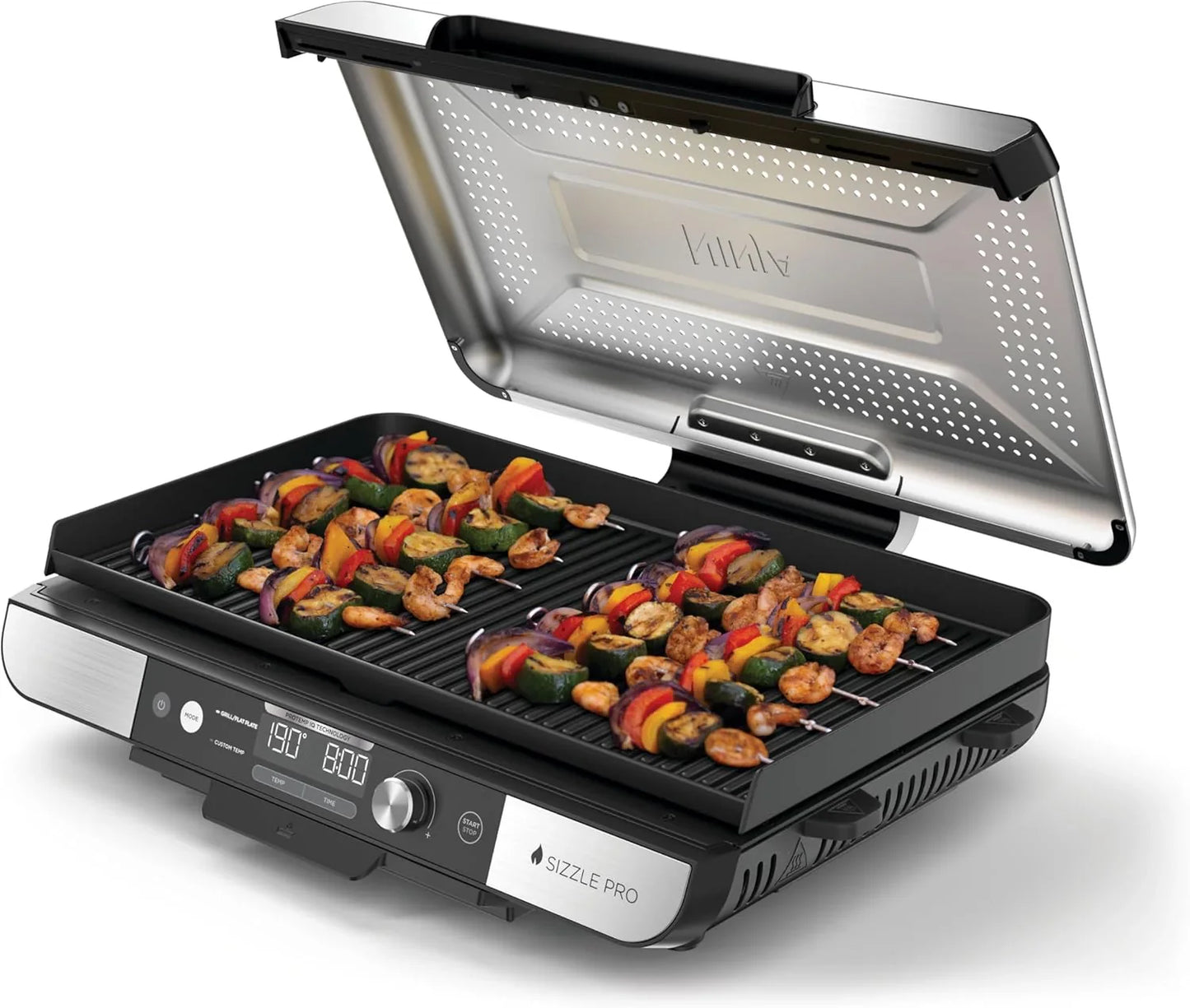 Ninja Sizzle Pro XL Indoor Grill and Griddle with Non-Stick Ceramic Griddle Plate and Griddle, Detachable Lid, Grease Catcher and Recipe Guide, Silver/Black GX101EU