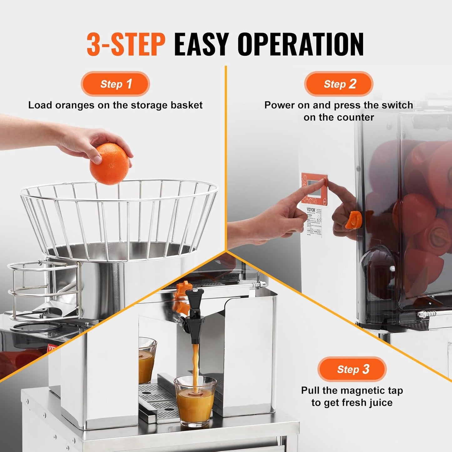 VEVOR Exprimidor de Cítricos Eléctrico 120 W Extractor de Zumo de Naranja Comercial Automático con Filtro Extraíble Cubo de Recolección de Cáscaras y Grifo para Restaurantes, Cafeterías, Fruterías