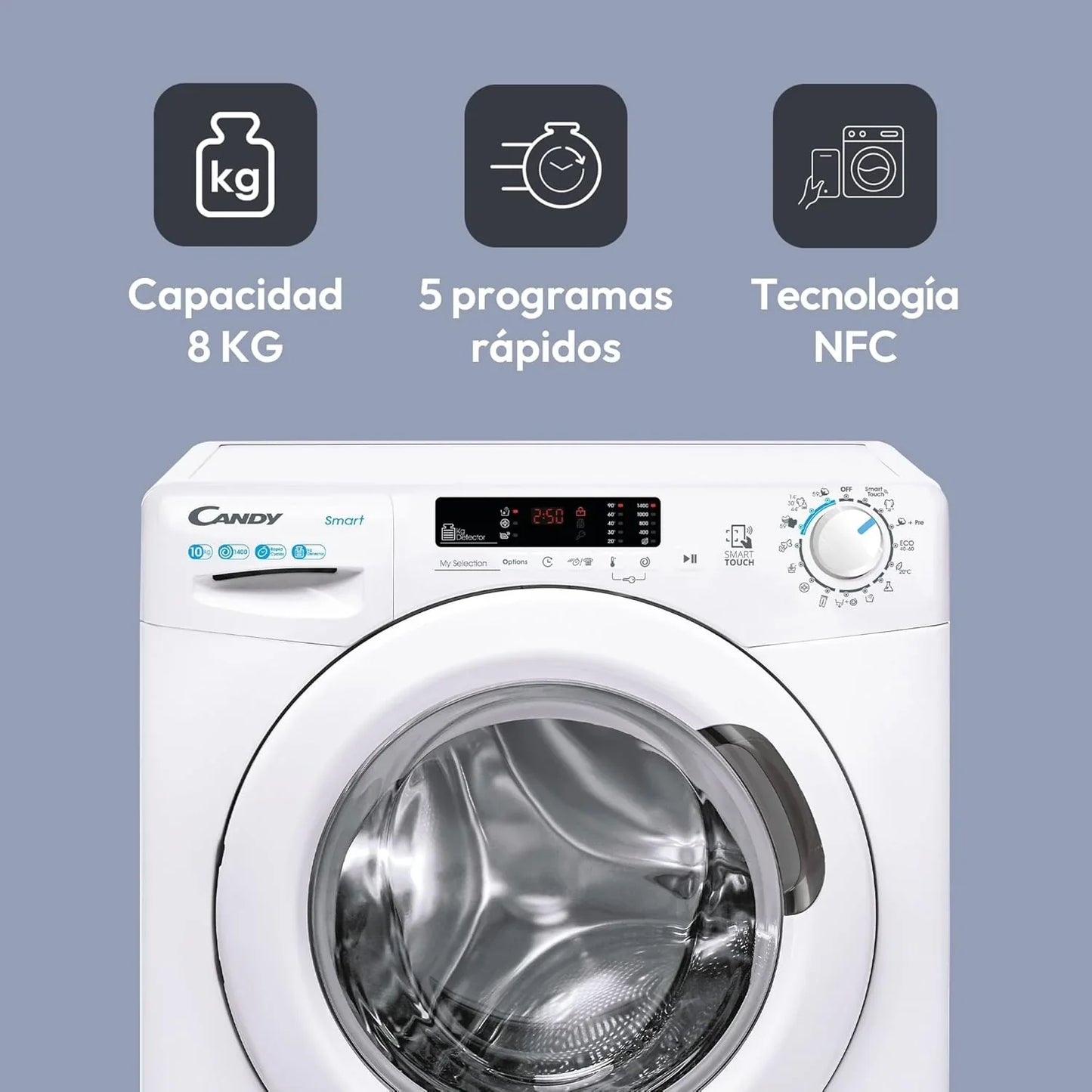 Candy Smart CS 14102DE/1-S, Washing Machine 10 kg, 1400 RPM, Digital Display and Control, NFC Technology, Voice Assistant, 15 Cycles, 5 Fast, Easy Ironing, Delay Start 24H, KG Detector, 81 DB, White