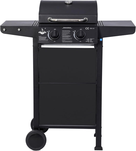 Grill gazowy "San Jose 2 palniki" firmy El Fuego®, w zestawie wąż gazowy i reduktor ciśnienia, ruszt do grillowania z żeliwa, z termometrem i dużymi półkami bocznymi, grill BBQ | AY0204