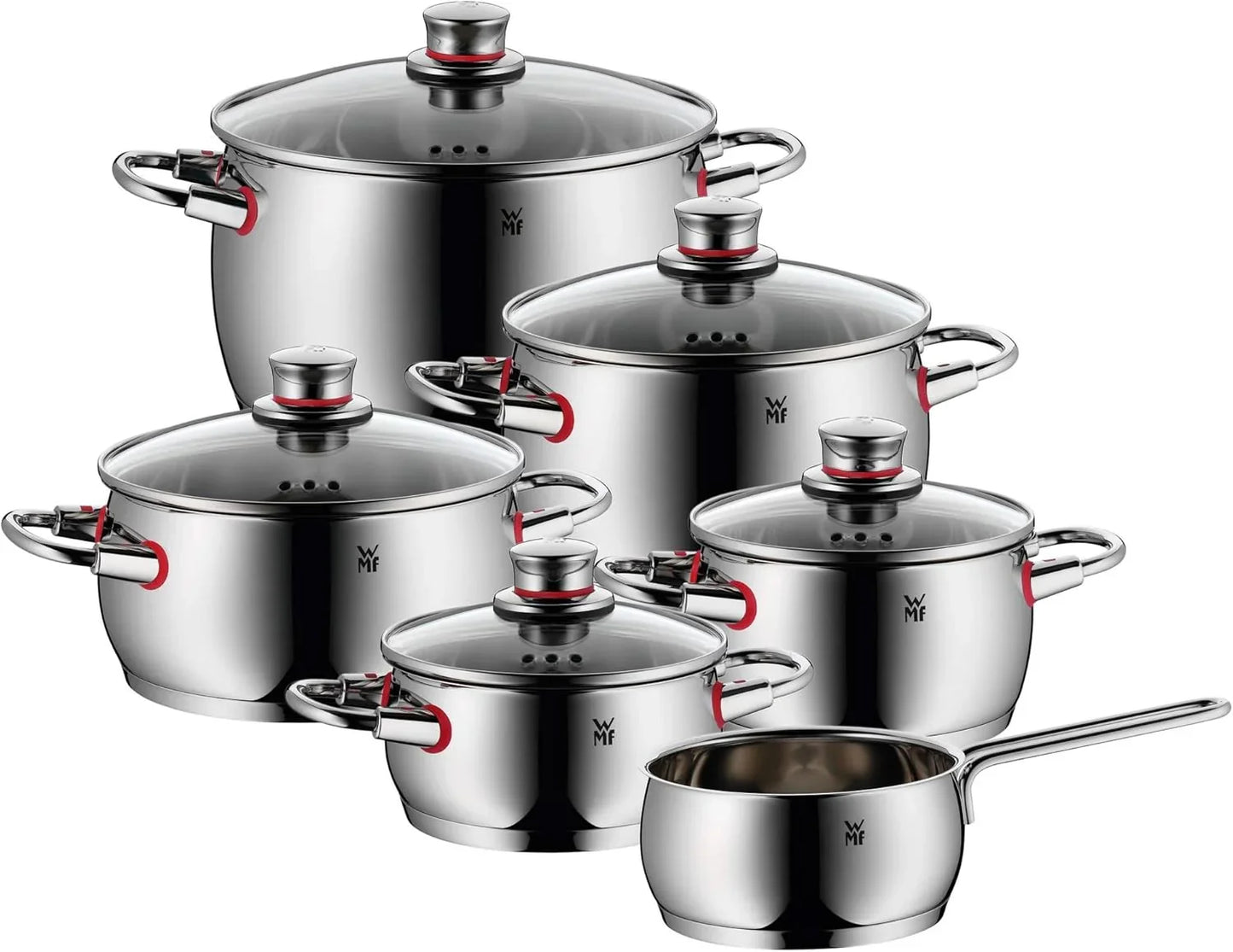 WMF Quaity One 9-Piece Cookware Set, Stainless Steel Suitable for Induction, 1 Low Saucepan 20 cm, 3 Saucepans 16 cm, 20 cm and 24 cm, 1 Saucepan 16 cm with 4 Glass Lids