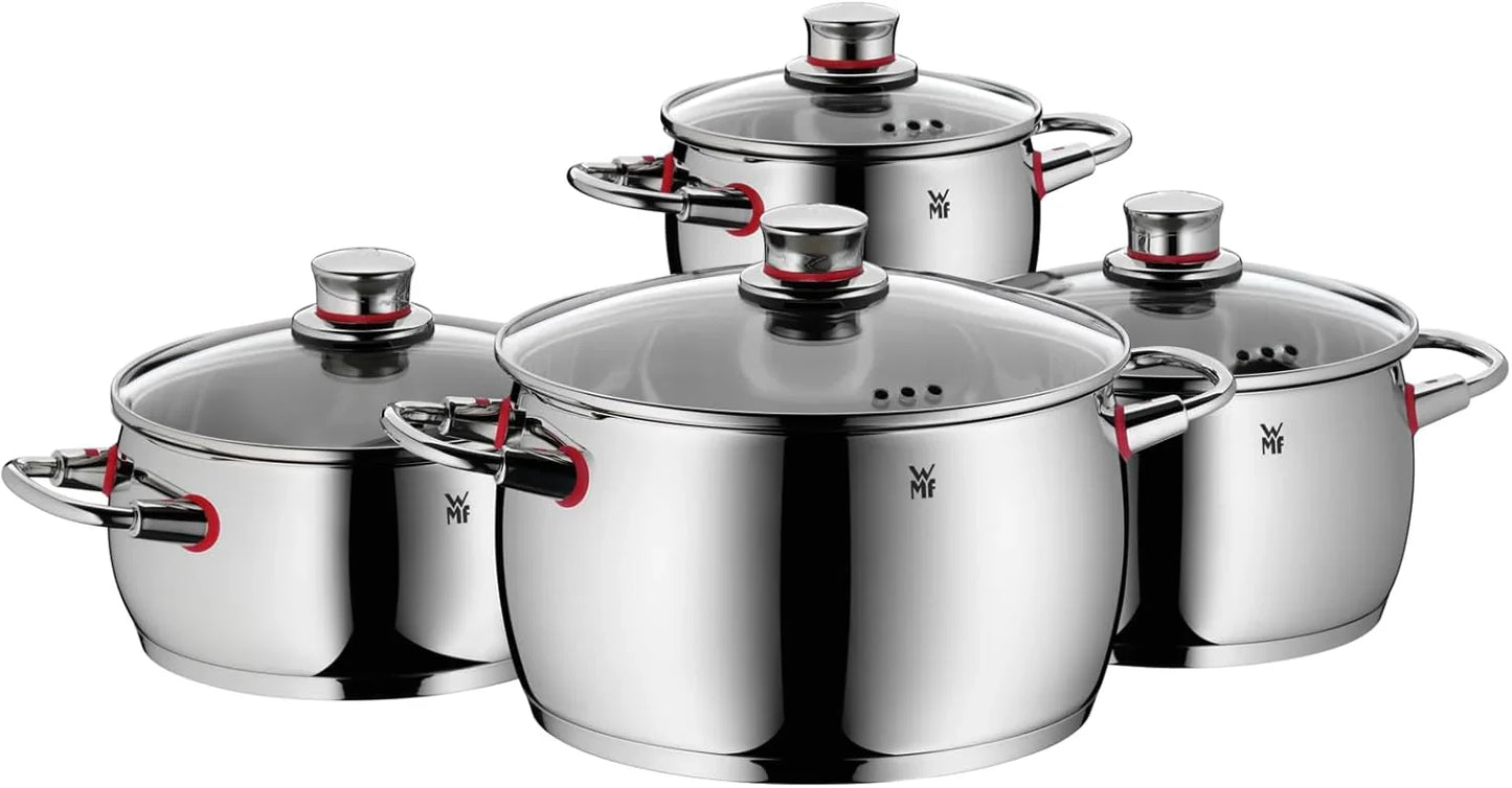WMF Quaity One 9-Piece Cookware Set, Stainless Steel Suitable for Induction, 1 Low Saucepan 20 cm, 3 Saucepans 16 cm, 20 cm and 24 cm, 1 Saucepan 16 cm with 4 Glass Lids