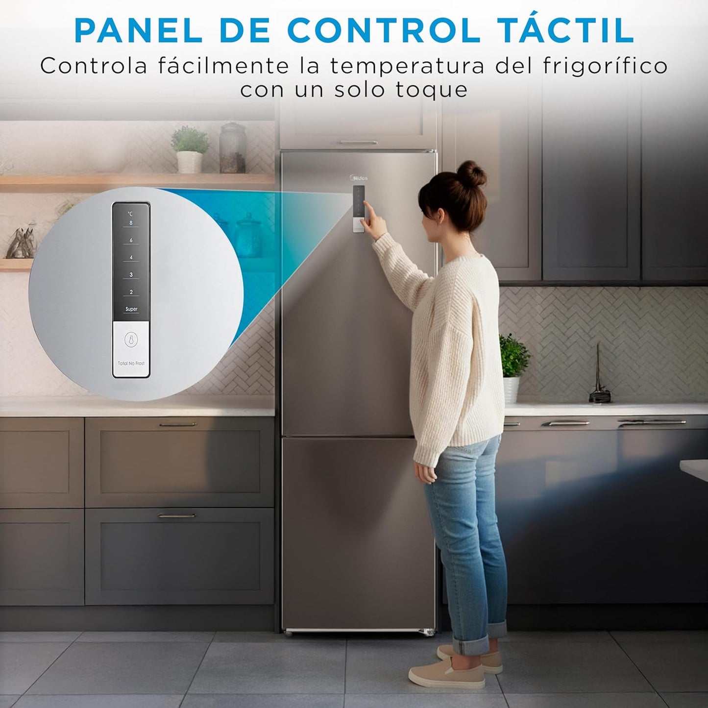 Midea Frigorífico Combi No Frost | 60 cm ancho x 188 alto cm | Inox | Nevera libre instalación 224 L + 86 L Congelador - Refrigerador de bajo consumo con congelador vertical