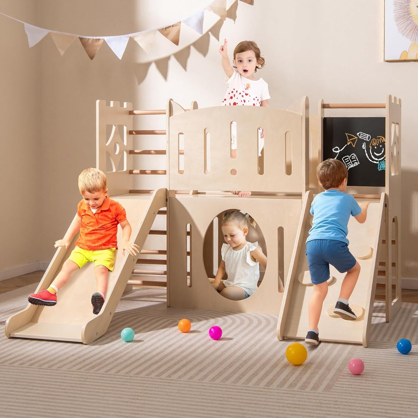 COSTWAY 8 en 1 Parque de Juegos de Interior de Madera con Temática de Castillo, Tobogán Infantil, Escalador, Escaleras, Almacenamiento, Pizarra, Túnel, Juego Montessori para Niños de 3+ Niños