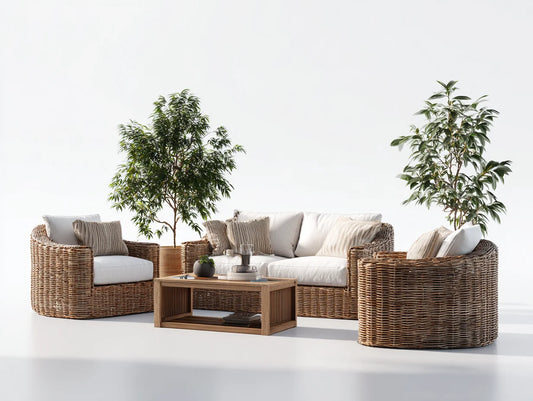 Sofás de jardín ratán natural con cojines beige y mesa de centro 200x80x75 cm - diseño moderno para exterior