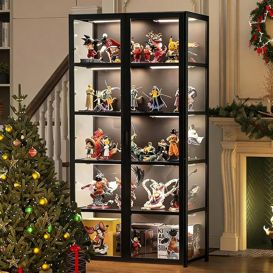 Vitrina Puerta de acrílico, Vitrina con 5 estantes, Organizador de Juguetes colección, estantería Dormitorio, rincón de Lectura, niños, bambú (Doble Apertura Negra)