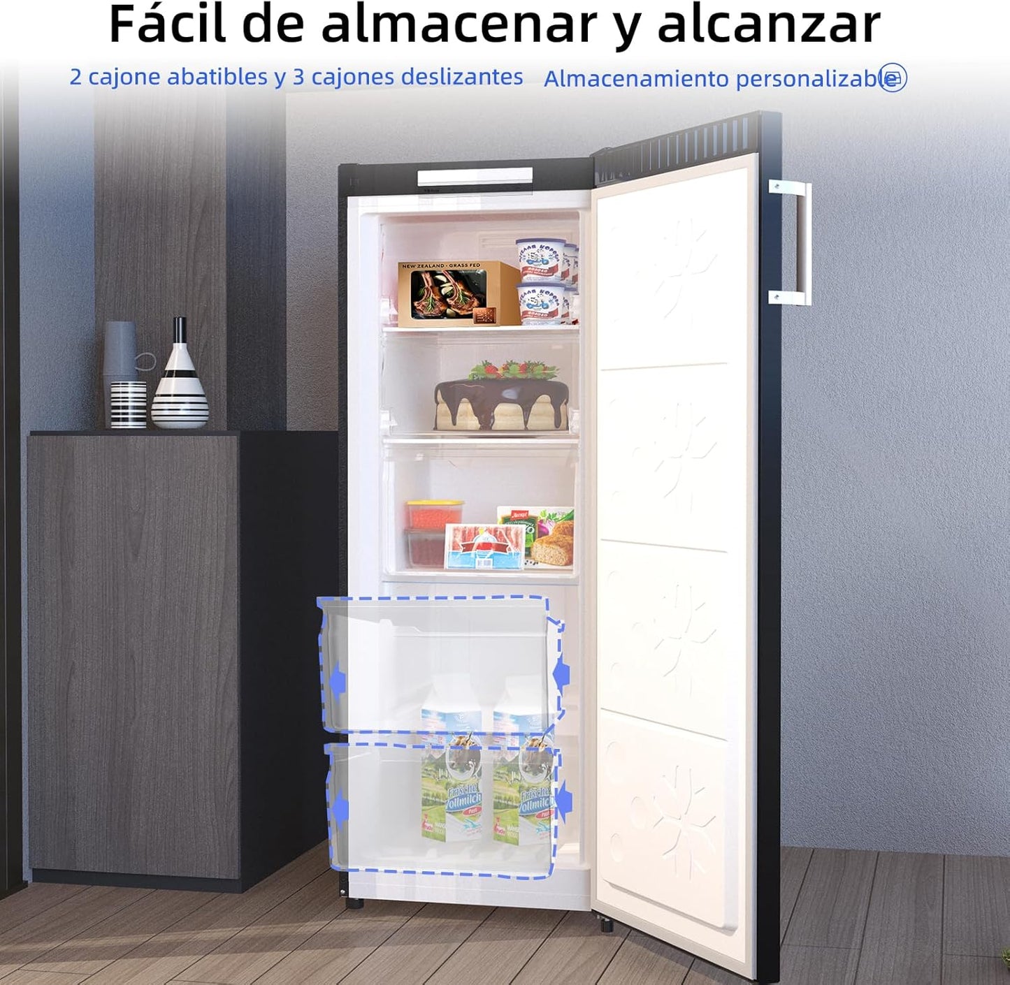 CHiQ Congelador Vertical No frost 166L,FSD166NE4E, Cajones XL, Control de Temperatura Electrónico, Puertas Reversibles, Silencioso, Ice Box, Color Inox Negro, Clase Energética E