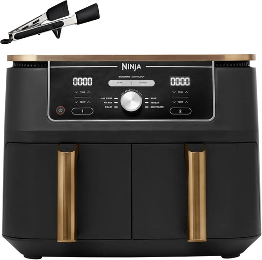 Ninja Foodi MAX Dual Compartment Air Fryer, 9.6L, 6-in-1, No Oil, Max Crisp, Roast, Bake and More, Tongs, 8 Servings, Non-Stick Baskets, Copper & Black, AF400EUCP