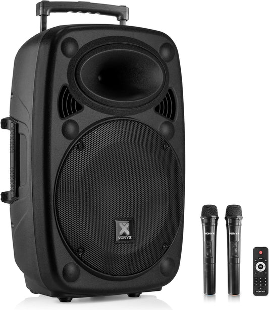 Vonyx Verve46 Powerful Bluetooth Speaker 1000 W, Portable Powered Speaker with Karaoke Microphone, Bluetooth Speaker USB, SD, MP3, AUX, 2 UHF Microphones, Remote Control, Subwoofer 15 Inches, Black