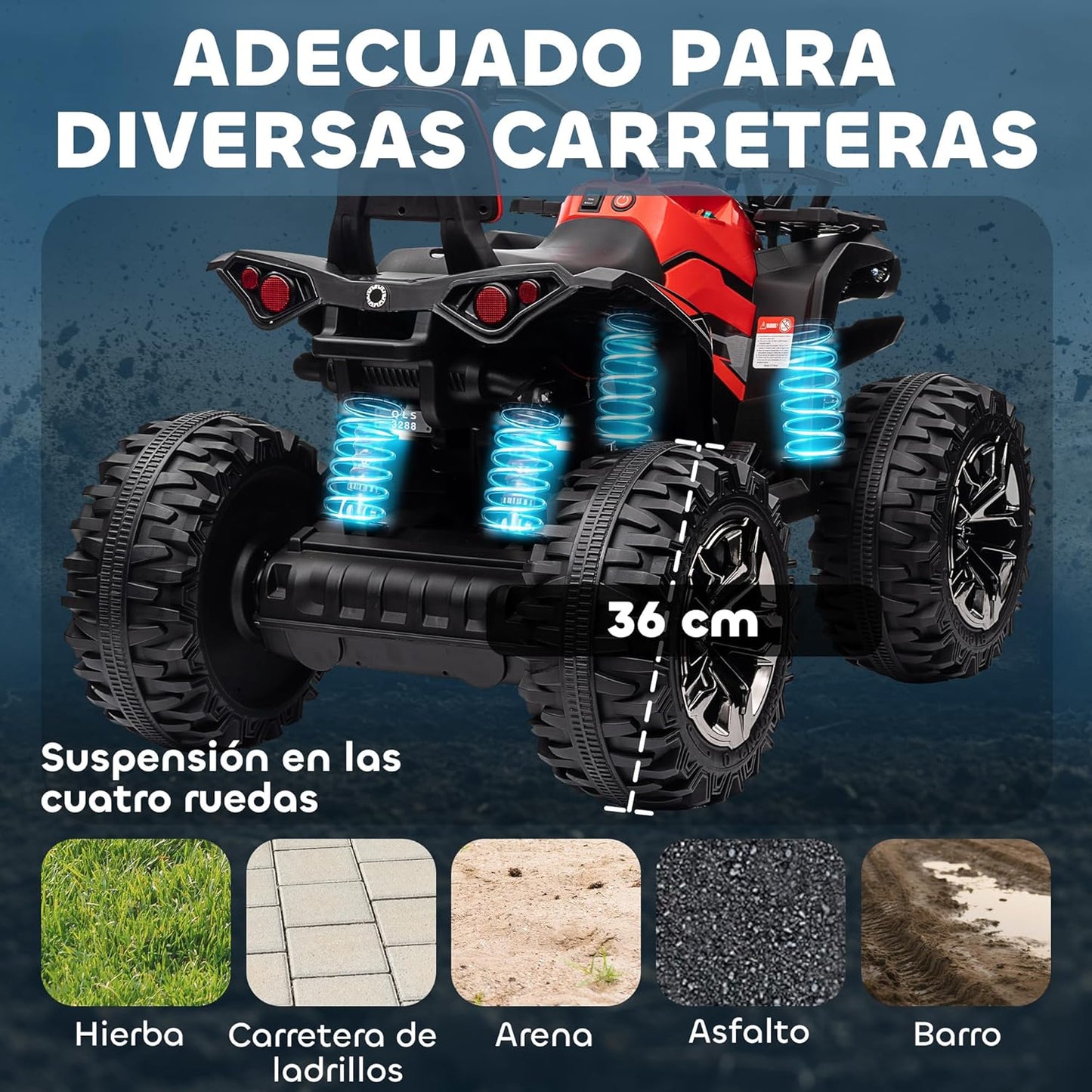 HOMCOM Quad Eléctrico 12V para Niños +3 Años con 2 Motores Faros Música Neumáticos de Suspensión Botones Avance y Retroceso Vehículo Eléctrico a Batería 100x65x73 cm Rojo
