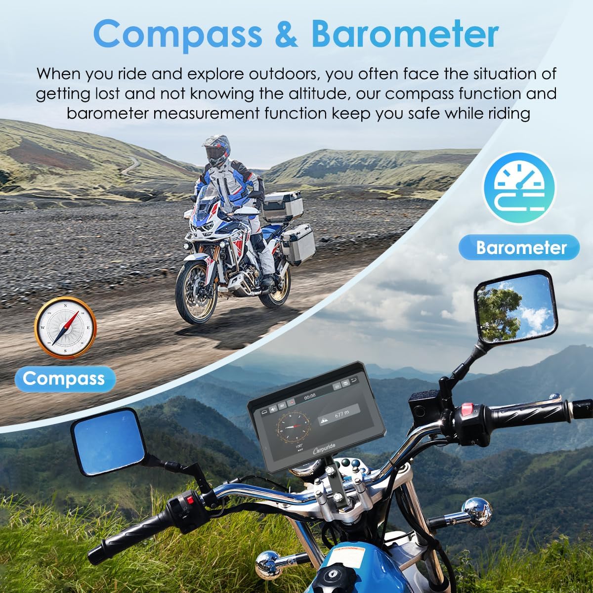 Carpuride W702 Pro Motocicleta Pantalla Carplay con Intercomunicador Función, Inalámbrico CarPlay y Android Auto, Portátil 7 Pulgadas Impermeable Pantalla Táctil, Dual Bluetooth, Navegación, Brújula.