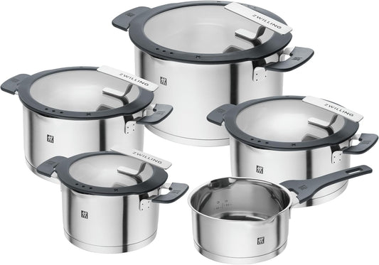 ZWILLING Simplify Edelstahl-Kochtopfset, 5-teilig, Mit integriertem Sieb im Deckel, Induktionsgeeignet, Silber-Schwarz