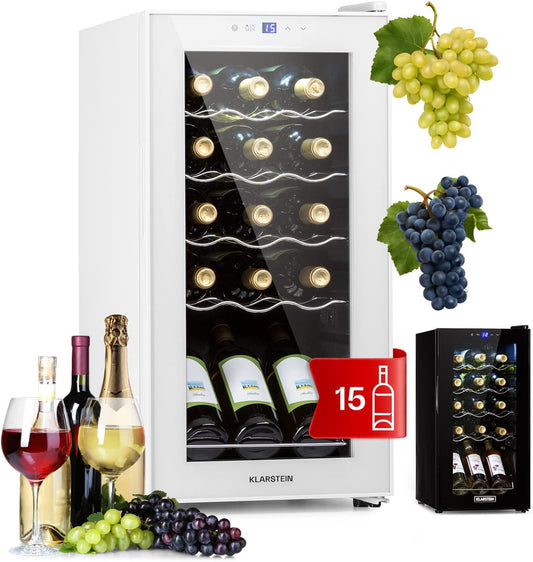 KLARSTEIN Vinoteca para Vinos de 44L Nevera Vino Una Zona, Botellas Vino, Proseco y Cervezas, Vinoteca Pequeña Puerta Cristal para Interior y Exterior, Nevera para Vinos Capacidad 15 Botellas