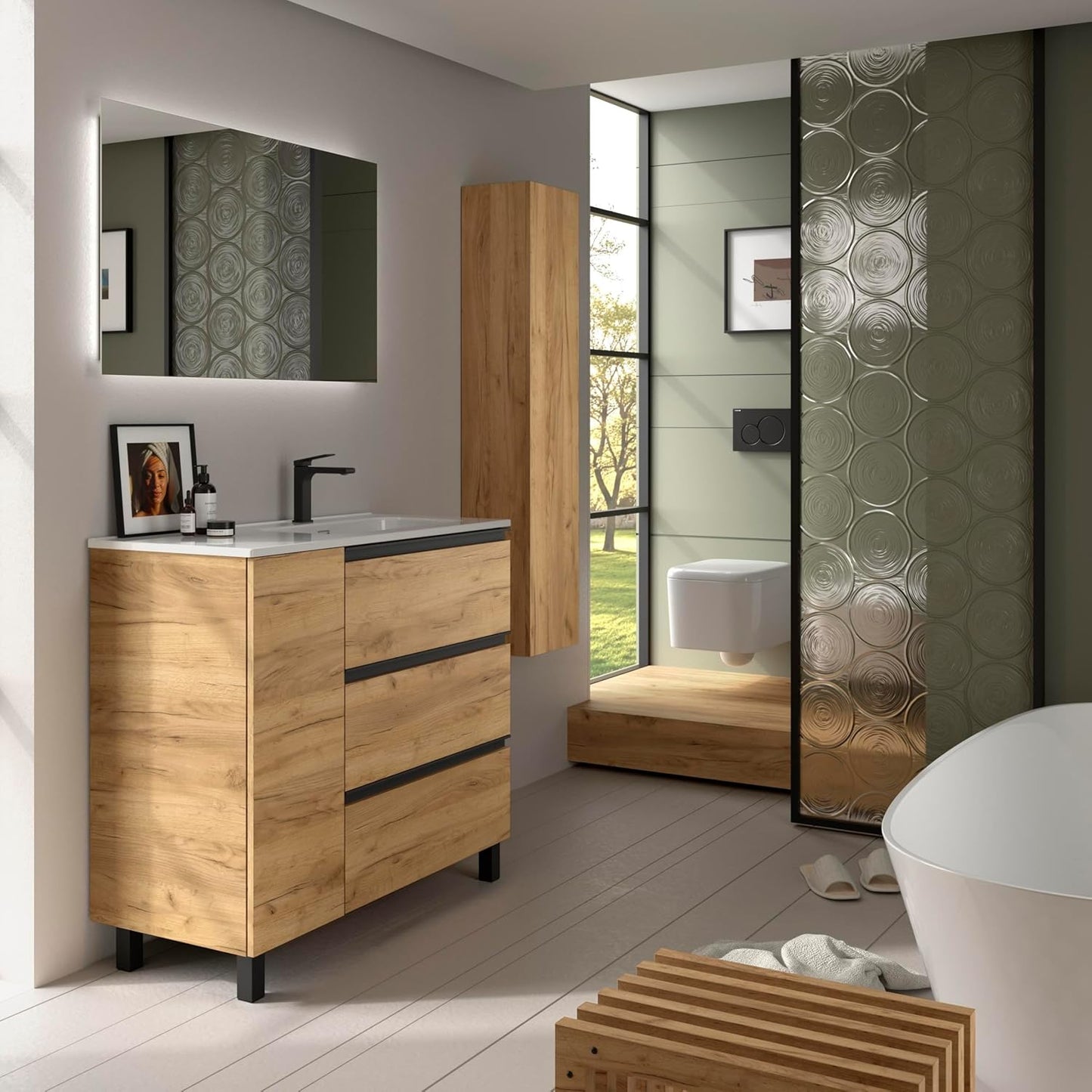 Mueble de Baño BEQUIA Plus Metal 3C 90cm Roble | Lavabo Porcelana Grifo Derecha