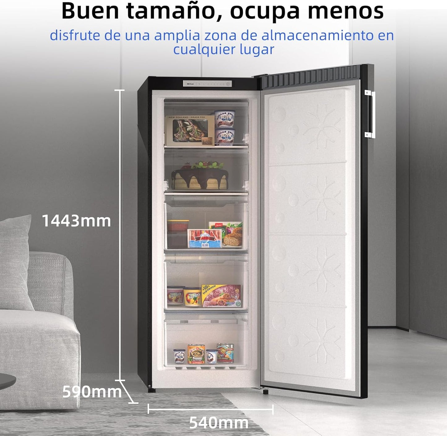 CHiQ Congelador Vertical No frost 166L,FSD166NE4E, Cajones XL, Control de Temperatura Electrónico, Puertas Reversibles, Silencioso, Ice Box, Color Inox Negro, Clase Energética E