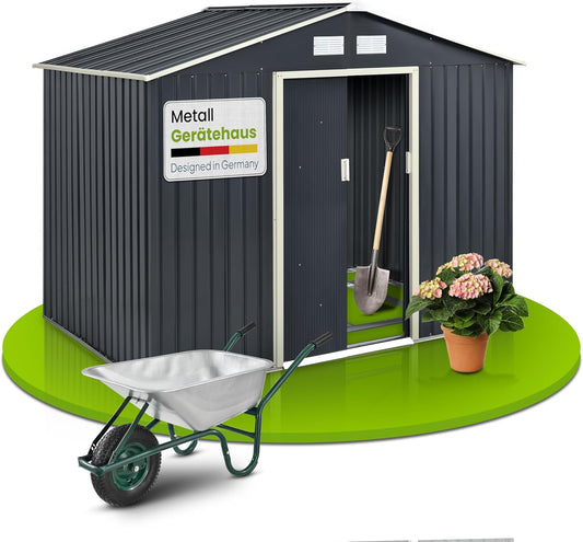 Juskys caseta metálica para Herramientas XL 9m³ con Techo a Dos Aguas, Puerta corredera y cimentación - 277 x 191 x 192 cm - Antracita - cobertizo metálico para jardín