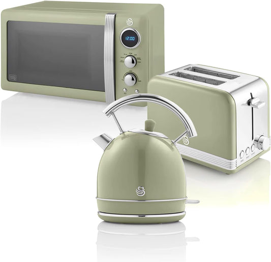 Swan Retro Set Desayuno Hervidor de Agua 1,8 L, Tostadora Pan Ranura Ancha 2 Rebanadas, Microondas Digital 20L, 6 Niveles de Potencia,Temporizador, Puerta Espejo, Diseño Vintage, Verde