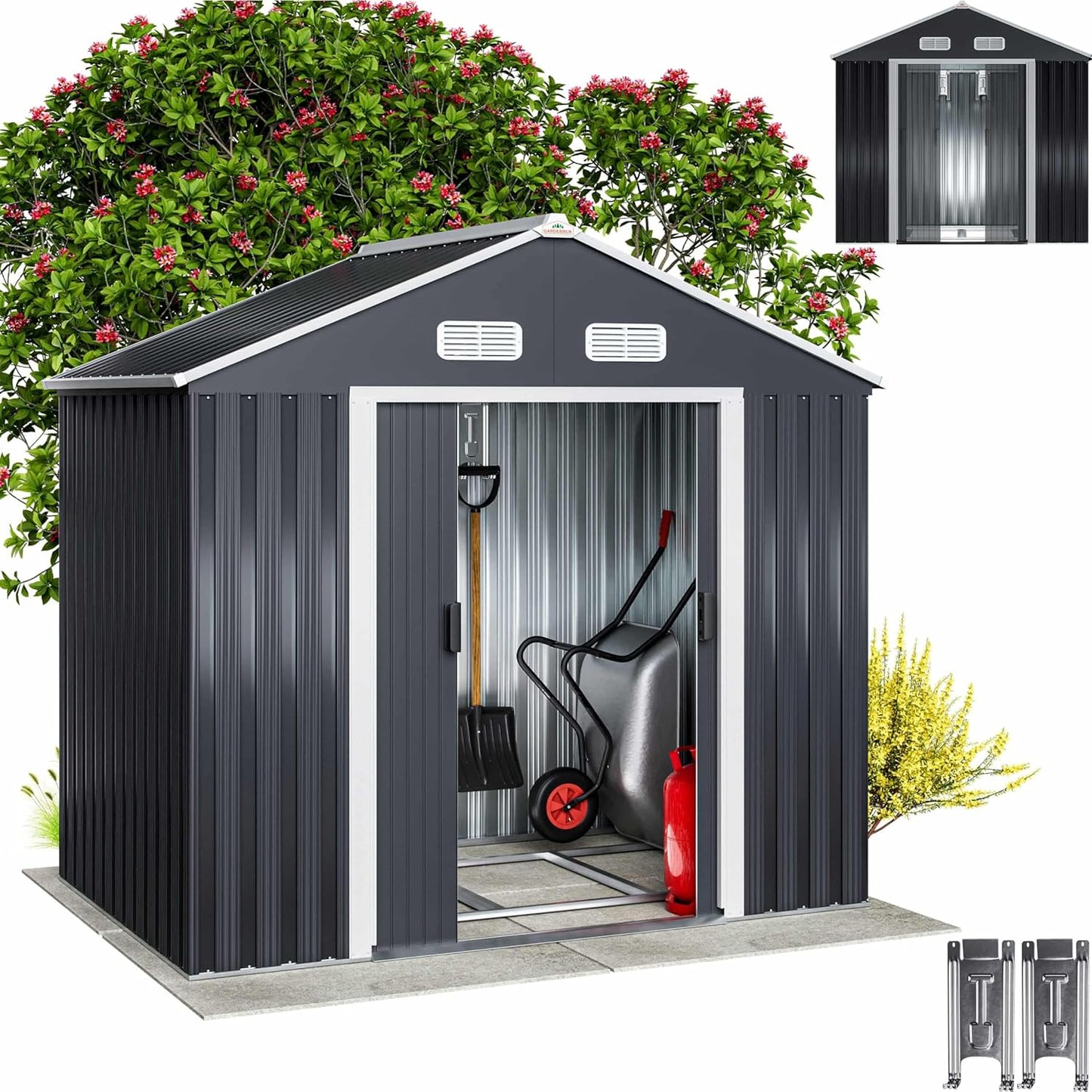 GARDEBRUK® Cobertizo de Jardín 2 m² 196x132x188cm Caseta Metálica Exterior 4m³ con Base Puerta Corrediza Antracita