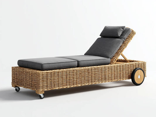 Tumbona de exterior ratán sintetico 198x70x34 cm - gris-marron natural - respaldo reclinable con ruedas estilo moderno