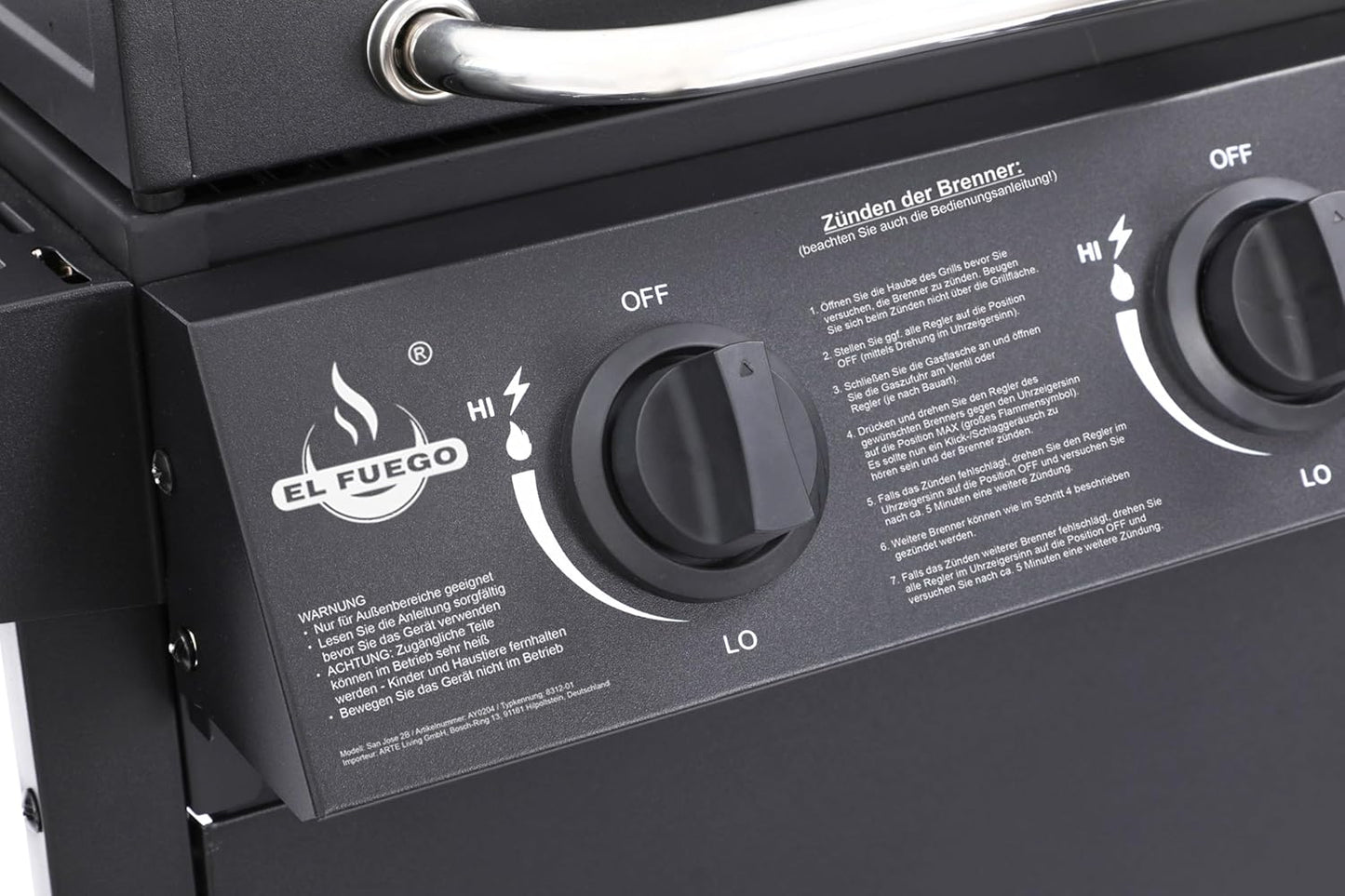 Grill gazowy "San Jose 2 palniki" firmy El Fuego®, w zestawie wąż gazowy i reduktor ciśnienia, ruszt do grillowania z żeliwa, z termometrem i dużymi półkami bocznymi, grill BBQ | AY0204