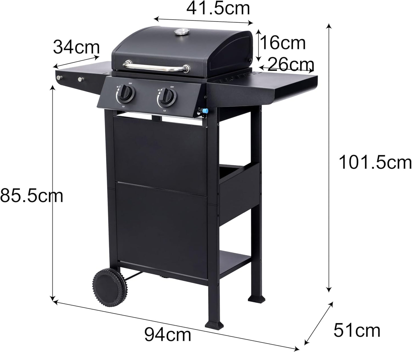 Grill gazowy "San Jose 2 palniki" firmy El Fuego®, w zestawie wąż gazowy i reduktor ciśnienia, ruszt do grillowania z żeliwa, z termometrem i dużymi półkami bocznymi, grill BBQ | AY0204
