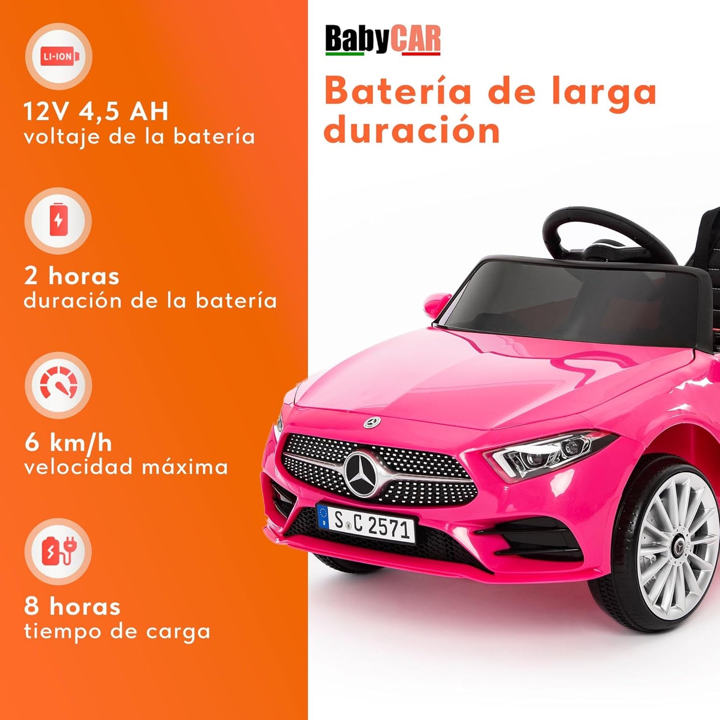 BabyCar Mercedes CLS 350 AMG | Coche Electrico para Niños 12V con 2 Motores 25W | Carro Electrico Infantil con Mando Parental, Asiento de Piel, Puertas Abatibles, MP3/USB | Mercedes Oficial | Rosa