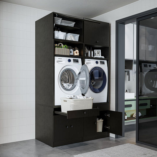 • Armario para lavadora con placa extraíble • Ahorro de espacio • Práctico • Ideal para lavadero (roble negro, 2 x armarios + 2 x accesorios (230 cm de alto)