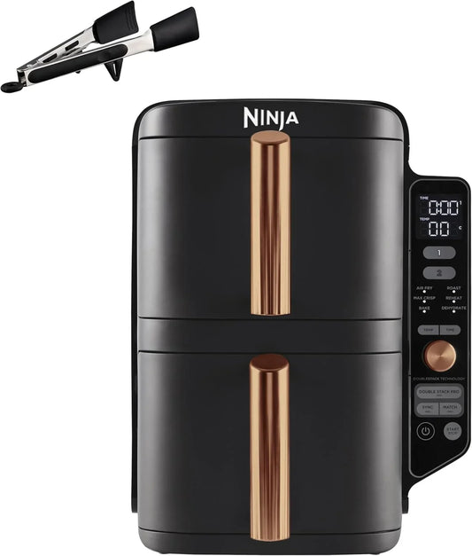 Ninja Double Stack XL Air Fryer, 9.5 Litre, Vertical Double Drawer, 4 Cooking Levels, 2 Drawers and 2 Grids, Space Saving Design, 6 Cooking Functions, 8 Portions, Black/Copper, SL400EUCP