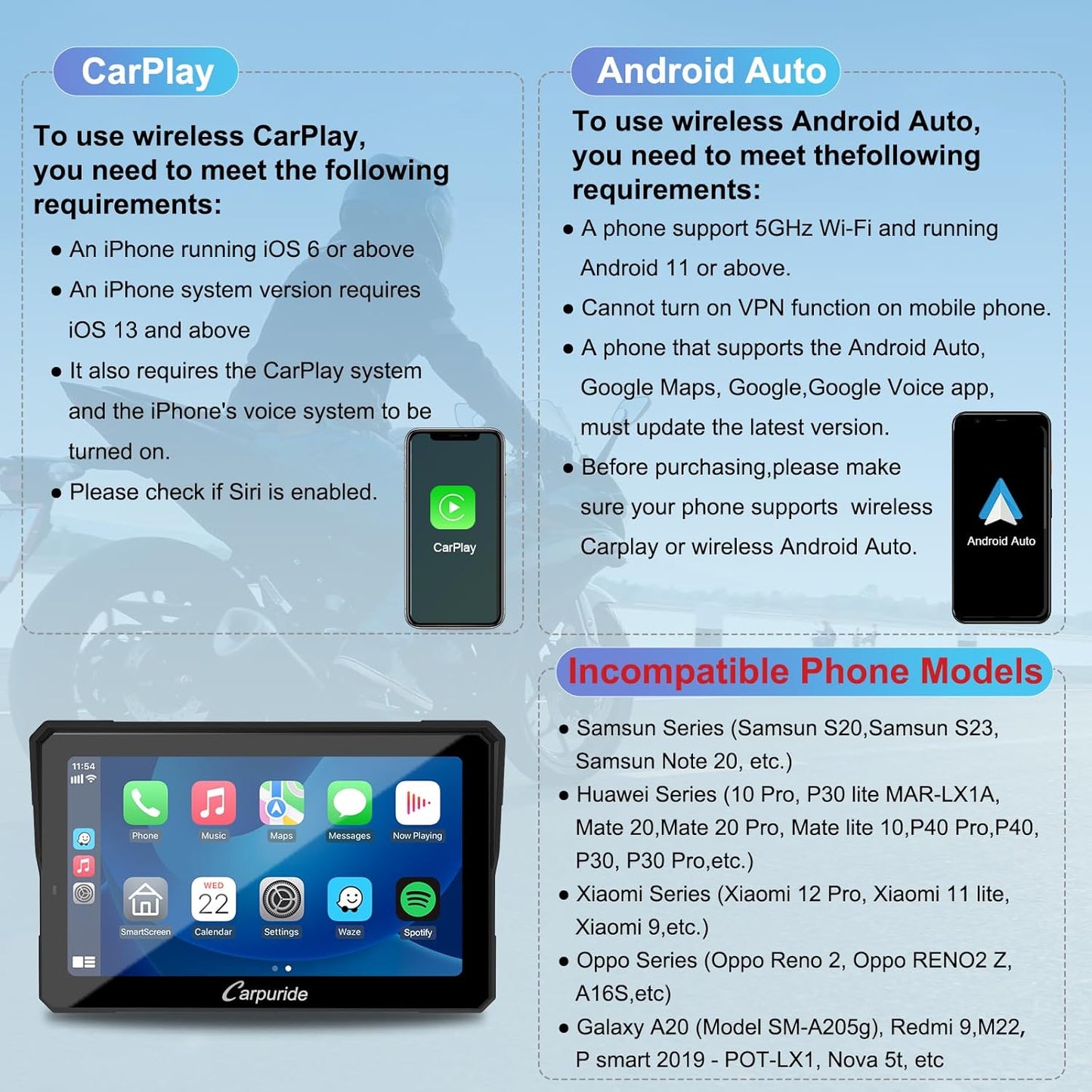 Carpuride W702 Pro Motocicleta Pantalla Carplay con Intercomunicador Función, Inalámbrico CarPlay y Android Auto, Portátil 7 Pulgadas Impermeable Pantalla Táctil, Dual Bluetooth, Navegación, Brújula.