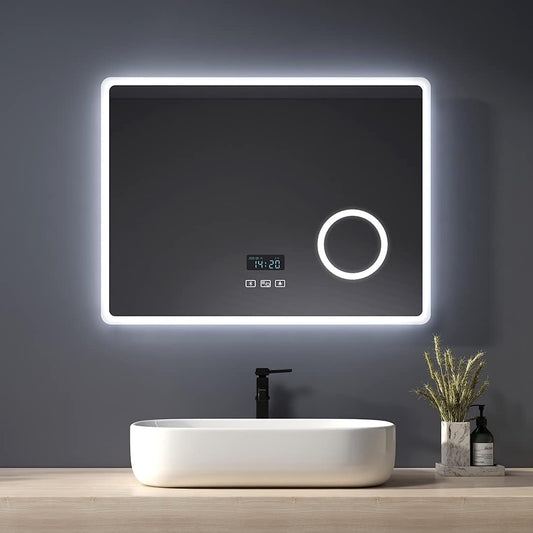 Heilmetz Espejo de baño Iluminado por LED con Lupa 3X, 80 x 60 cm, con Interruptor táctil y función antivaho, Reloj y Bluetooth, Regulable, Tres Colores, Tipo13