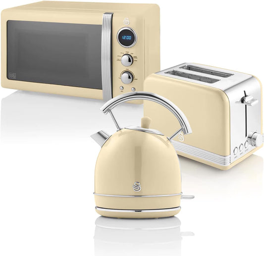 Swan Retro Set Desayuno Hervidor de Agua 1,8 L, Tostadora Pan Ranura Ancha 2 Rebanadas, Microondas Digital 20L, 6 Niveles de Potencia, Temporizador, Puerta Espejo, Diseño Vintage, Crema