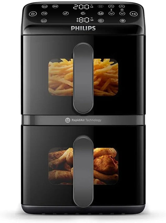 Philips Airfryer Series 4000 Double Vertical Basket 10L – RapidAir Technology, Sync, 2 Baskets at Once, 45% Less Space, PFAS Free Ceramic Coating, Viewing Windows (NA460/00)