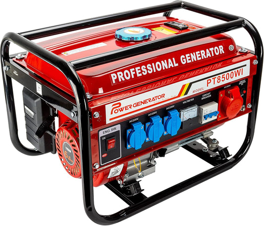 Generador de corriente con gasolina | Accesorios incluidos | Grupo electrógeno silencioso | 5 enchufes 3 x 230 V / 1 x 400 V / 1 x 12 V | 6,5 CV