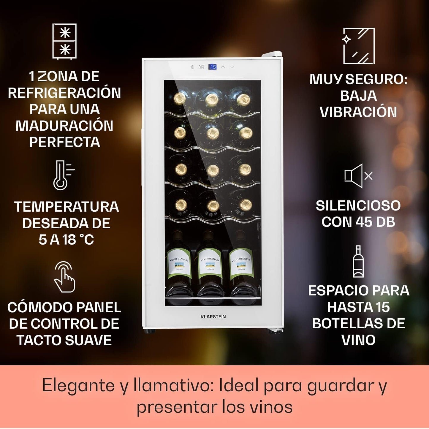 KLARSTEIN Vinoteca para Vinos de 44L Nevera Vino Una Zona, Botellas Vino, Proseco y Cervezas, Vinoteca Pequeña Puerta Cristal para Interior y Exterior, Nevera para Vinos Capacidad 15 Botellas