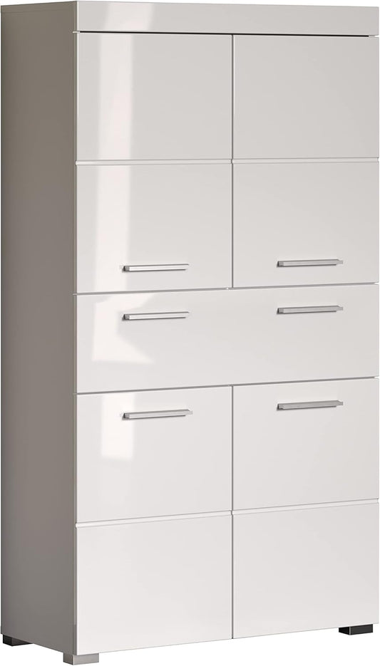 trendteam smart living Armario Alto para baño Amanda, 73 x 132 x 31 cm, en Blanco y Blanco de Brillo Intenso con cajón y abundante Espacio de Almacenamiento