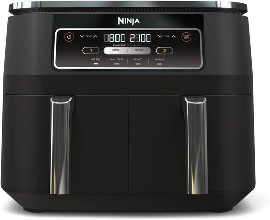 Ninja MAX Oil Free Double Compartment Air Fryer with 2 Drawers, 9.5 Litre, Oil Free, Air Fry, Max Crisp, Roast, Bake, Reheat, Dehydrate, Non-Stick Baskets, Gold Stone, DZ400EUSTGD