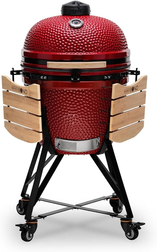 Kamado BONO BBQ - Barbacoa Grande XXL con 10 accesorios - Ø 59 cm Kamado Barbacoa con Accesorios - Parrilla ahumador rojo en la terraza, balcón o jardín