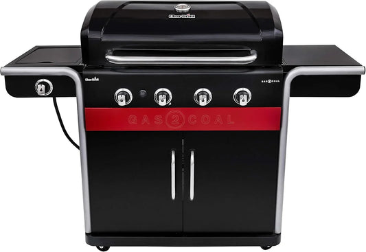 Gas2Coal® Barbacoa híbrida: barbacoa de gas y carbón de tres quemadores, acabado en negro.