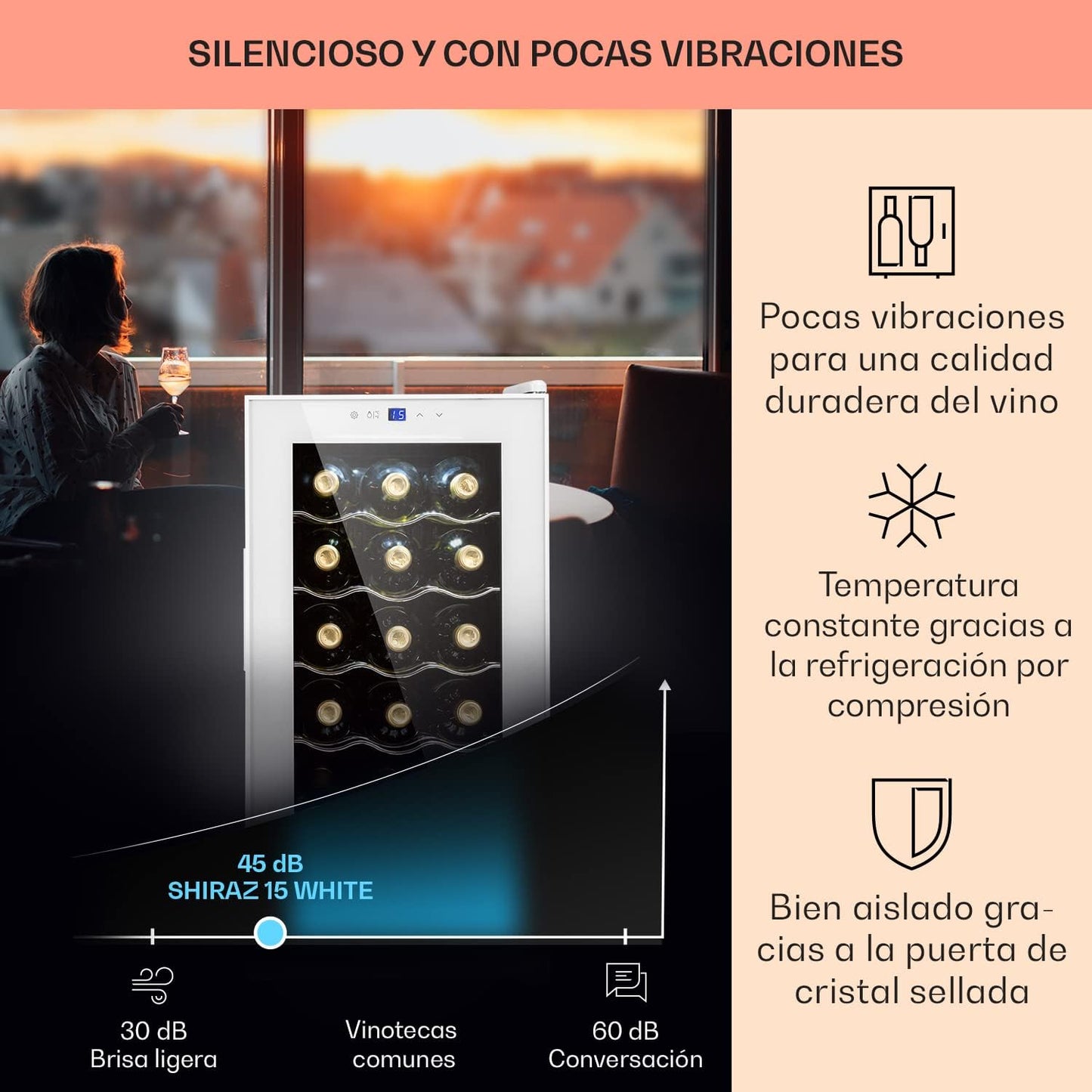 KLARSTEIN Vinoteca para Vinos de 44L Nevera Vino Una Zona, Botellas Vino, Proseco y Cervezas, Vinoteca Pequeña Puerta Cristal para Interior y Exterior, Nevera para Vinos Capacidad 15 Botellas