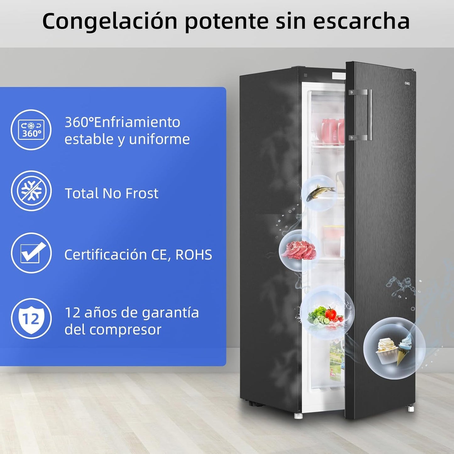 CHiQ Congelador Vertical No frost 166L,FSD166NE4E, Cajones XL, Control de Temperatura Electrónico, Puertas Reversibles, Silencioso, Ice Box, Color Inox Negro, Clase Energética E