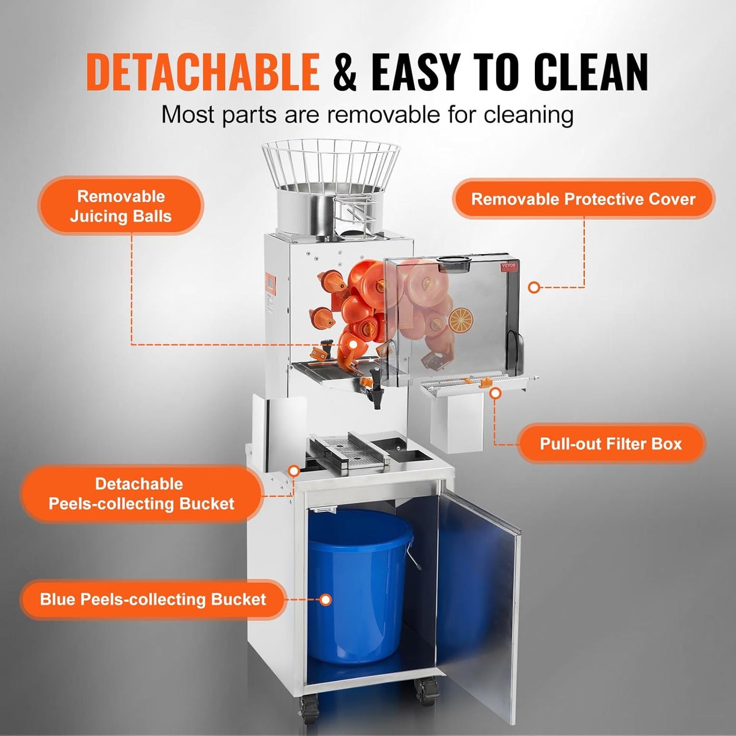 VEVOR Exprimidor de Cítricos Eléctrico 120 W Extractor de Zumo de Naranja Comercial Automático con Filtro Extraíble Cubo de Recolección de Cáscaras y Grifo para Restaurantes, Cafeterías, Fruterías